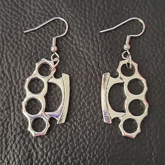 Mini silver tone brass knuckle earrings, punk, goth, rebellious aesthetic - Picture 1 of 2